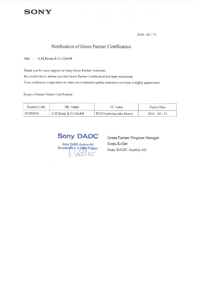 Sony Green Partner Certificate